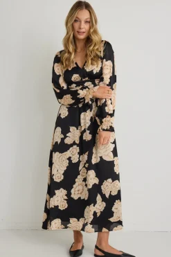 Among the Brave Oracle Black Floral LS V Neck Midi Dress
