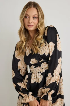 Among the Brave Oracle Black Floral LS V Neck Midi Dress