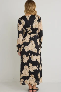 Among the Brave Oracle Black Floral LS V Neck Midi Dress
