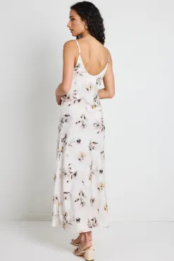 Among the Brave Otherworldly Champagne Floral Satin Bias Slip Midi Dress
