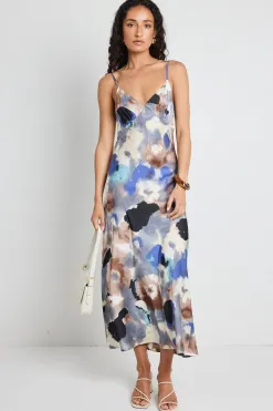 Among the Brave Otherworldly Navy Multi Watercolour Satin Bias Midi Slip Dress