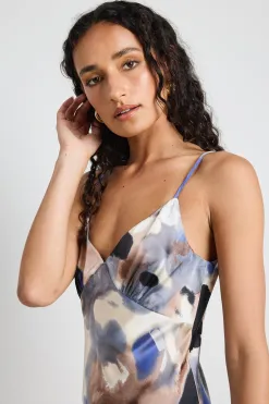 Among the Brave Otherworldly Navy Multi Watercolour Satin Bias Midi Slip Dress