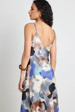 Among the Brave Otherworldly Navy Multi Watercolour Satin Bias Midi Slip Dress