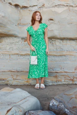 Among the Brave Ovation Green Floral Flutter SS Keyhole Tie Dress