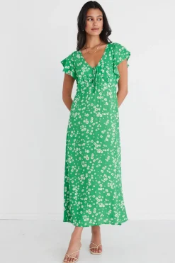 Among the Brave Ovation Green Floral Flutter SS Keyhole Tie Dress