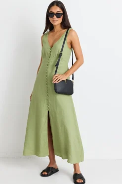 Among the Brave Panama Moss Sleeveless Button Front Midi Dress
