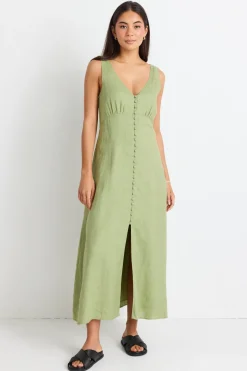 Among the Brave Panama Moss Sleeveless Button Front Midi Dress