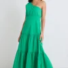 Stories be Told Parade Green One Shoulder Tiered Maxi Dress