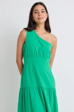 Stories be Told Parade Green One Shoulder Tiered Maxi Dress