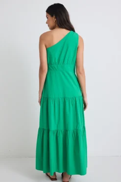 Stories be Told Parade Green One Shoulder Tiered Maxi Dress