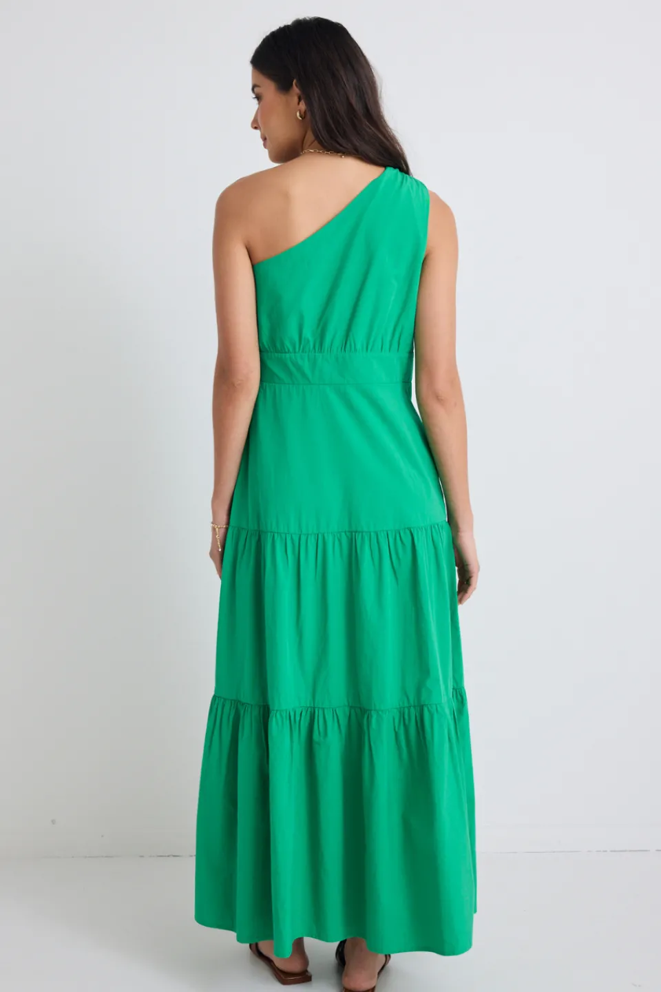 Stories be Told Parade Green One Shoulder Tiered Maxi Dress