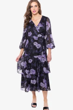 Leila + Luca Paradise Black Lilac Burnout Floral Wrap LS Midi Dress