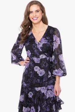 Leila + Luca Paradise Black Lilac Burnout Floral Wrap LS Midi Dress