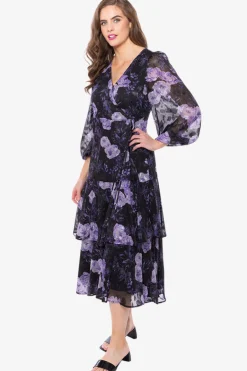 Leila + Luca Paradise Black Lilac Burnout Floral Wrap LS Midi Dress