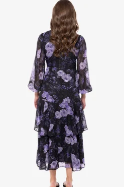 Leila + Luca Paradise Black Lilac Burnout Floral Wrap LS Midi Dress