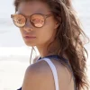 Le Specs Paramount Round Clear Tan Brass Mirror Lens Sunglasses