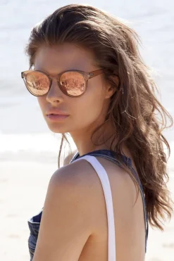 Le Specs Paramount Round Clear Tan Brass Mirror Lens Sunglasses