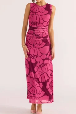 Mink Pink Persephone Berry Floral Mesh Sleeveless Midi Dress