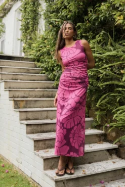 Mink Pink Persephone Berry Floral Mesh Sleeveless Midi Dress