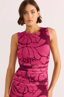 Mink Pink Persephone Berry Floral Mesh Sleeveless Midi Dress