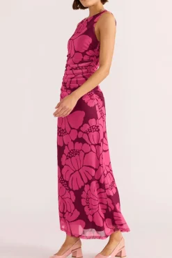 Mink Pink Persephone Berry Floral Mesh Sleeveless Midi Dress