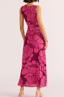 Mink Pink Persephone Berry Floral Mesh Sleeveless Midi Dress