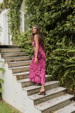 Mink Pink Persephone Berry Floral Mesh Sleeveless Midi Dress
