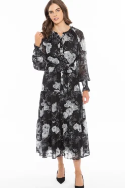 Leila + Luca Perspective Large Black White Floral LS Tiered Maxi
