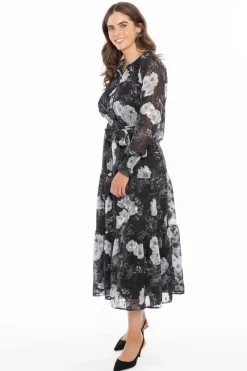Leila + Luca Perspective Large Black White Floral LS Tiered Maxi