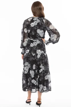 Leila + Luca Perspective Large Black White Floral LS Tiered Maxi