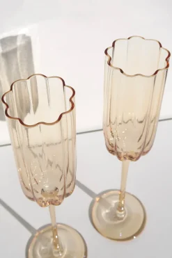 Home Lab Petal Light Amber Set 4 Champagne Flute Glass