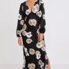 Among the Brave Phoenix Black Floral Satin LS Bias Midi Dress