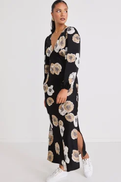 Among the Brave Phoenix Black Floral Satin LS Bias Midi Dress
