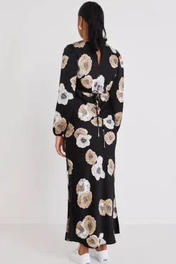 Among the Brave Phoenix Black Floral Satin LS Bias Midi Dress