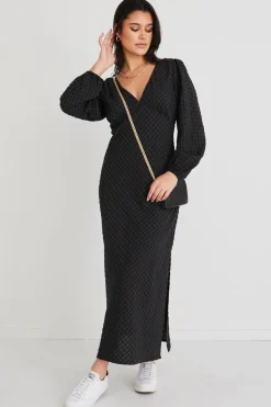 Among the Brave Phoenix Charcoal Gingham LS Bias Midi Dress