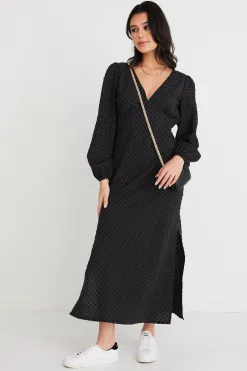 Among the Brave Phoenix Charcoal Gingham LS Bias Midi Dress