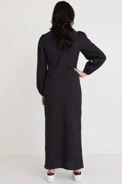 Among the Brave Phoenix Charcoal Gingham LS Bias Midi Dress