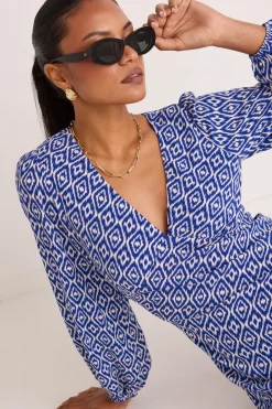 Among the Brave Phoenix Electric Blue Batik LS Bias Midi Dress