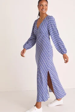 Among the Brave Phoenix Electric Blue Batik LS Bias Midi Dress