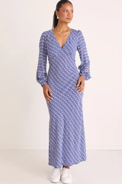 Among the Brave Phoenix Electric Blue Batik LS Bias Midi Dress