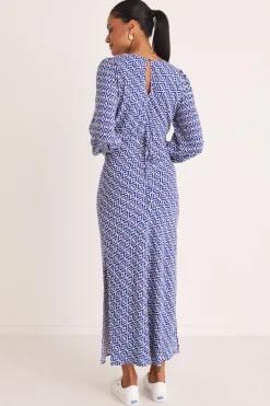 Among the Brave Phoenix Electric Blue Batik LS Bias Midi Dress