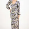 Among the Brave Phoenix Large Black Floral LS Balloon Sleeve Panel Bodice Bias Midi Slip Dress