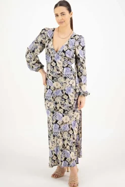 Among the Brave Phoenix Large Black Floral LS Balloon Sleeve Panel Bodice Bias Midi Slip Dress