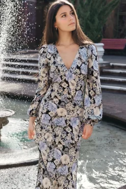 Among the Brave Phoenix Large Black Floral LS Balloon Sleeve Panel Bodice Bias Midi Slip Dress