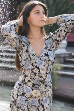 Among the Brave Phoenix Large Black Floral LS Balloon Sleeve Panel Bodice Bias Midi Slip Dress