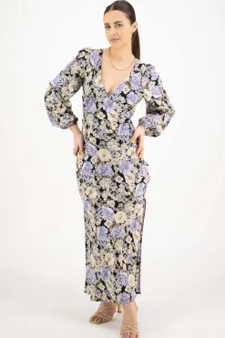 Among the Brave Phoenix Large Black Floral LS Balloon Sleeve Panel Bodice Bias Midi Slip Dress