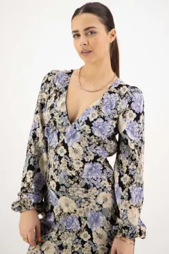 Among the Brave Phoenix Large Black Floral LS Balloon Sleeve Panel Bodice Bias Midi Slip Dress