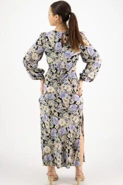 Among the Brave Phoenix Large Black Floral LS Balloon Sleeve Panel Bodice Bias Midi Slip Dress