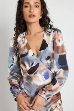 Among the Brave Phoenix Navy Multi Watercolour Satin Balloon Sleeve Midi Dress