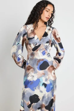 Among the Brave Phoenix Navy Multi Watercolour Satin Balloon Sleeve Midi Dress